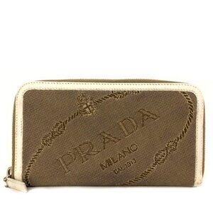 PRADA Logo Jacquard Canvas Zip Around Long Wallet Beige/7BH0711